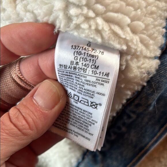 GAP Blue and White Jean Jacket with Cozy Fleece Sleeves - Picture 9 of 16